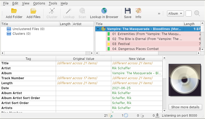 Screenshot of Picard with music files that are clustered and populated with meta data